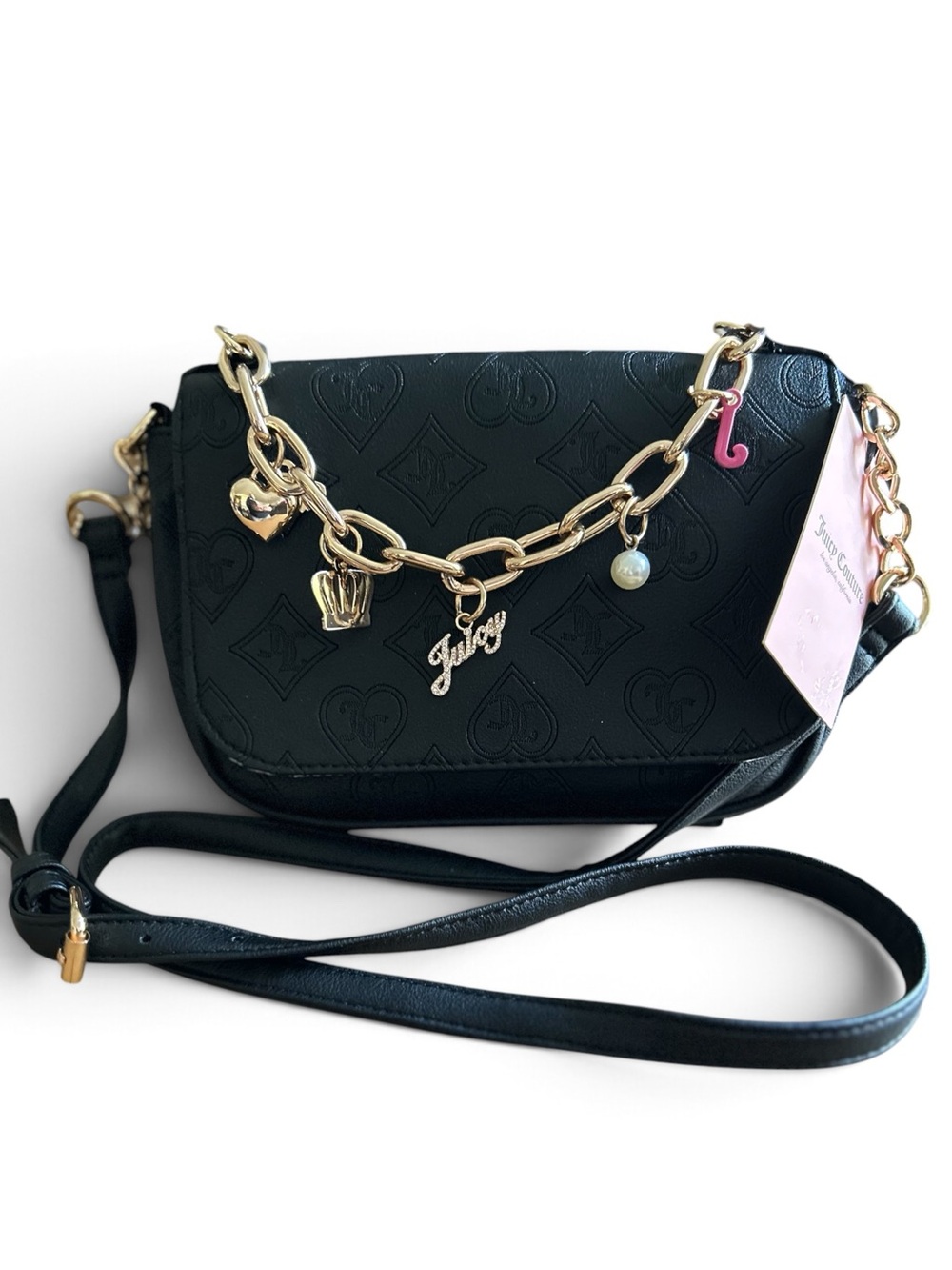 Juicy Couture Top Notch Crossbody Bag w Gold Charm Chain- Black Liquorice NWT
